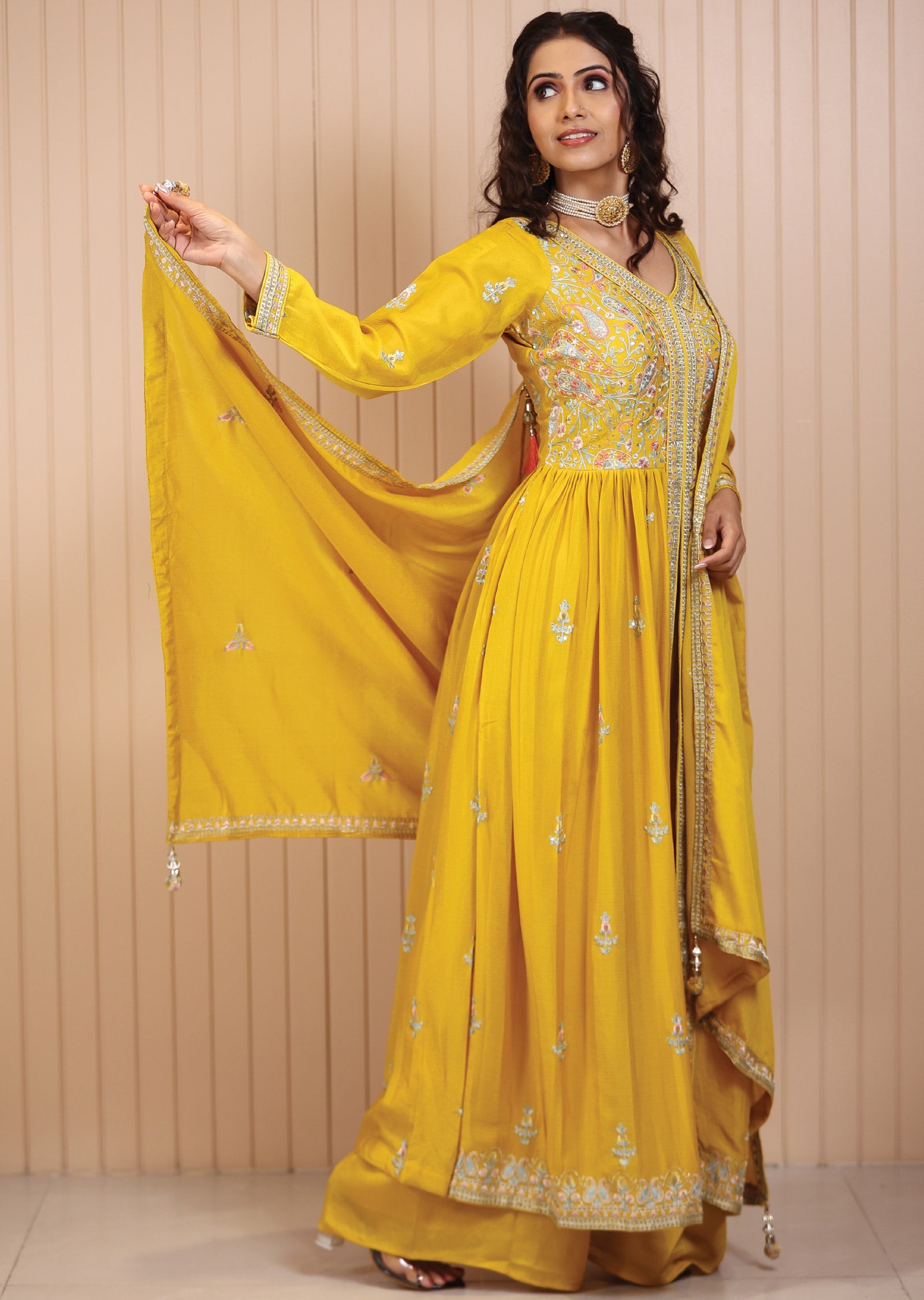 Mustard Chinnon Resham & Sequence Work Anarkali