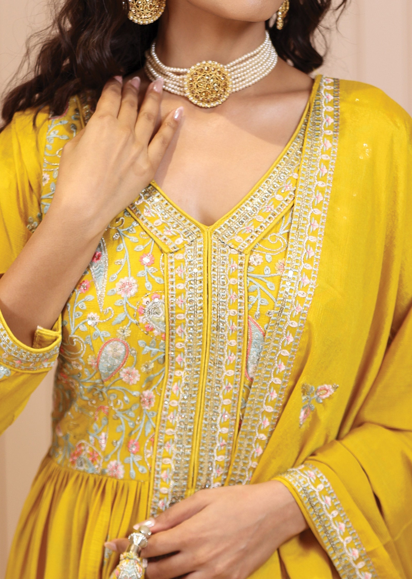 Mustard Chinnon Resham & Sequence Work Anarkali