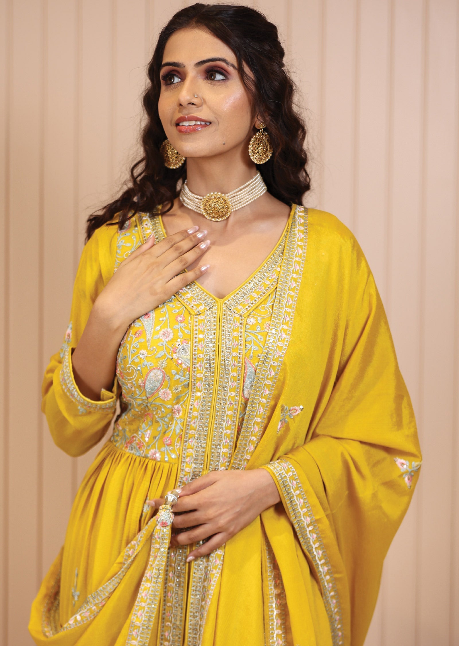 Mustard Chinnon Resham & Sequence Work Anarkali