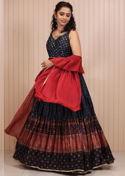 Charcoal Grey Satin Printed Anarkali