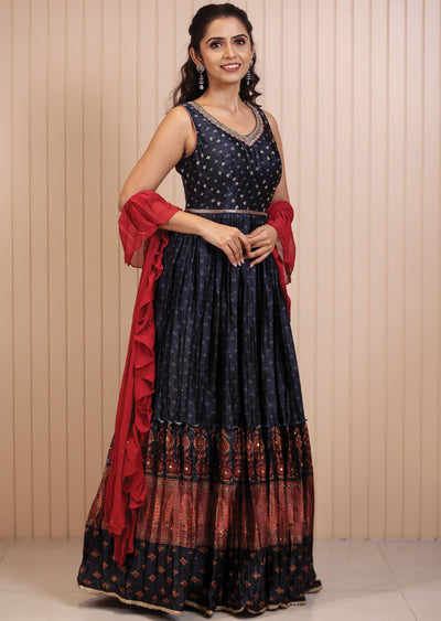 Charcoal Grey Satin Printed Anarkali