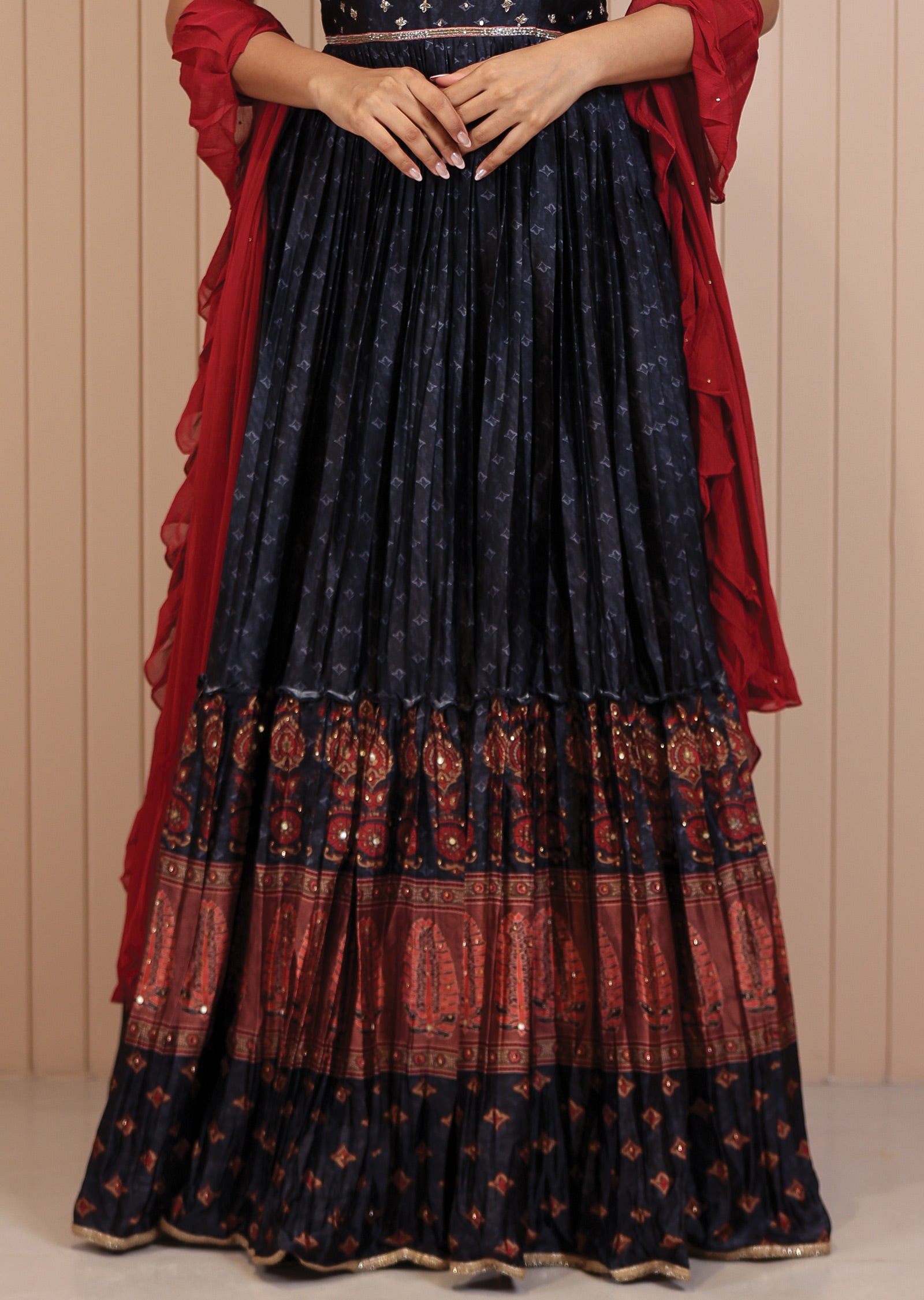 Charcoal Grey Satin Printed Anarkali