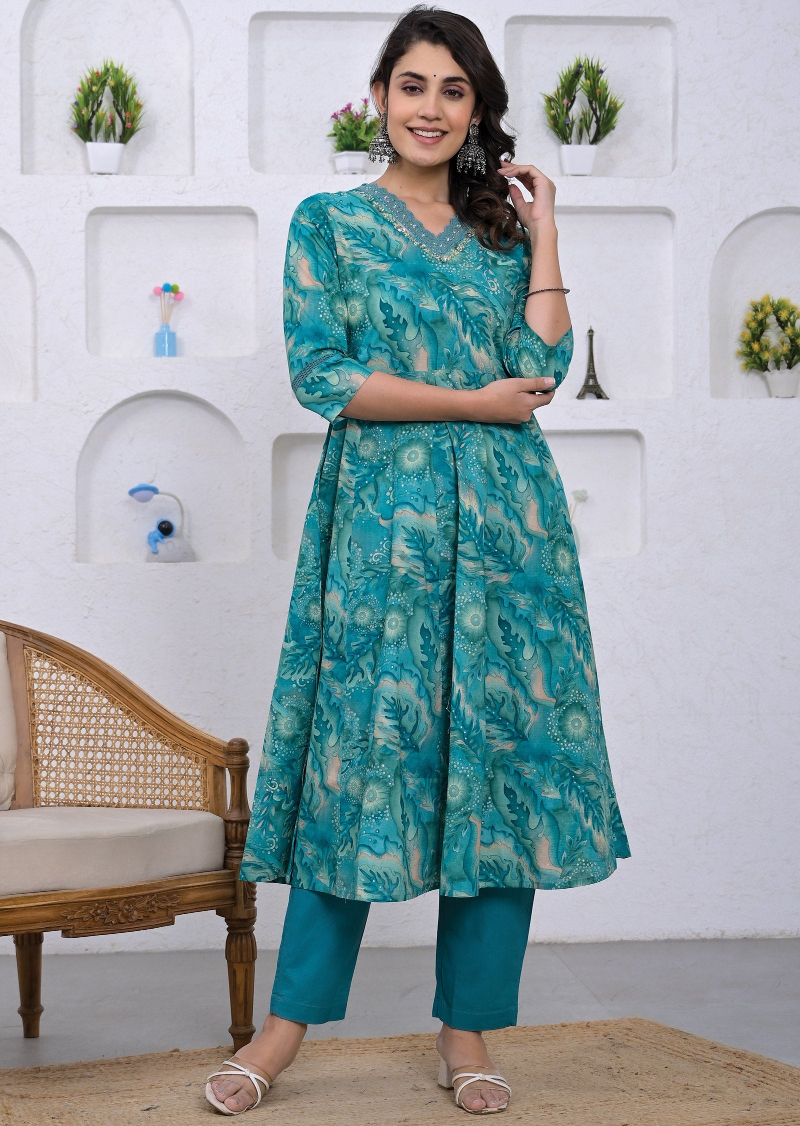 Sea Green Cotton Anarkali