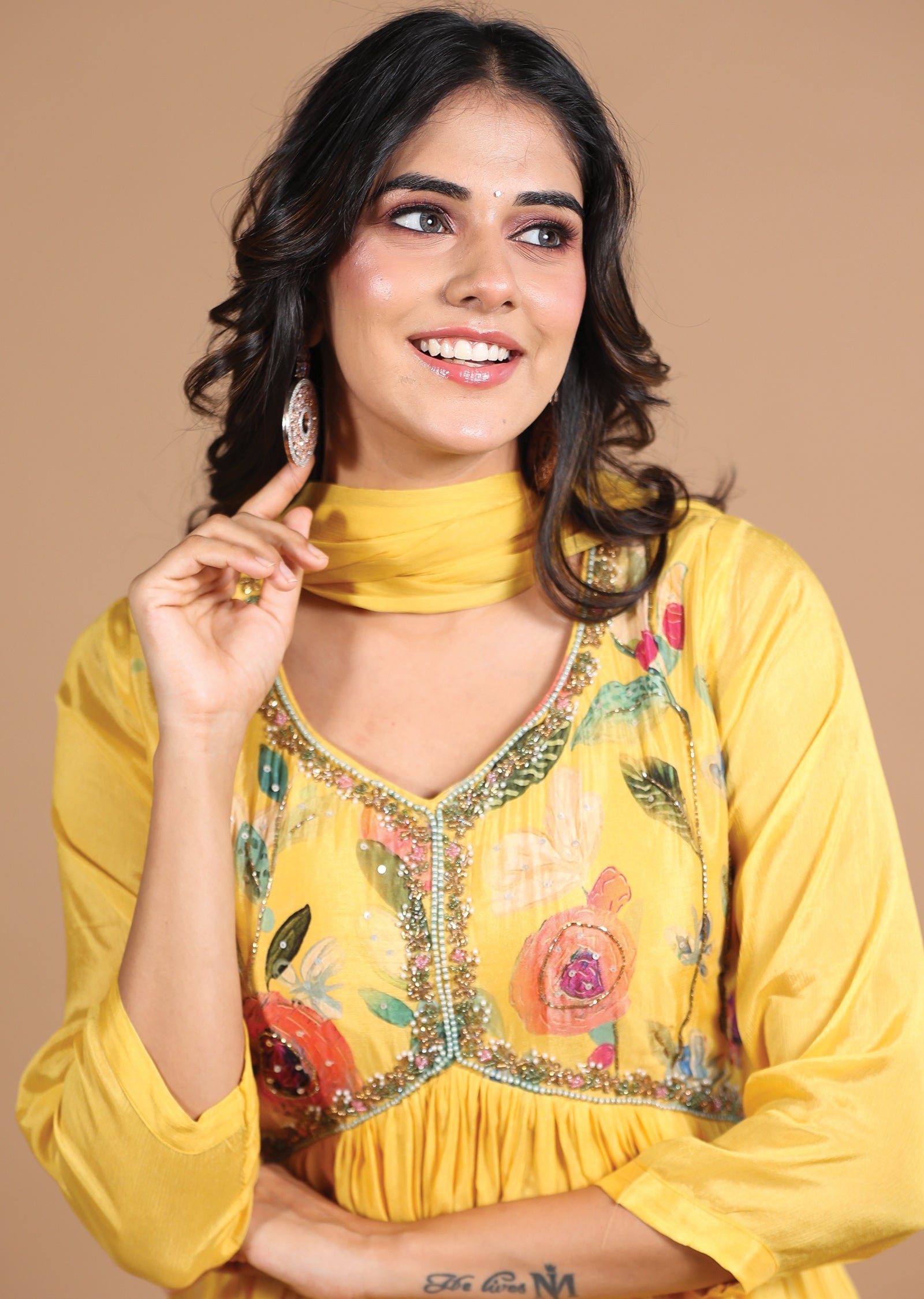 Yellow Chinnon Alia cut Anarkali