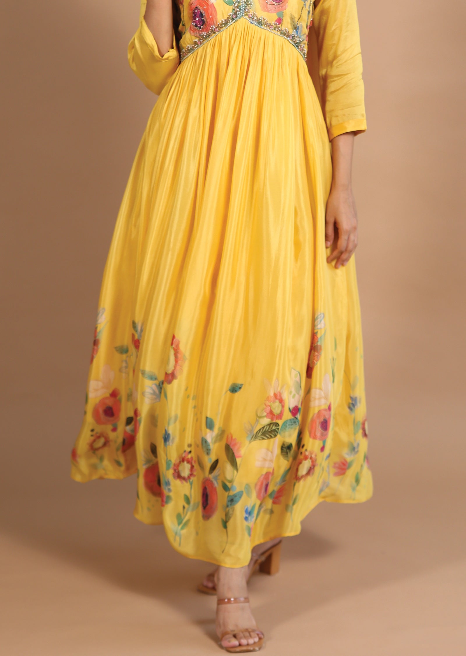 Yellow Chinnon Alia cut Anarkali