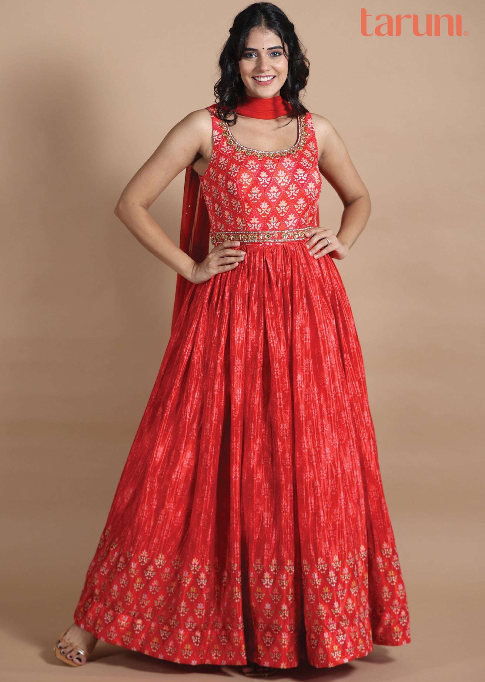 Red Chinnon Anarkali