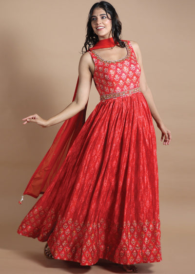 Red Chinnon Anarkali