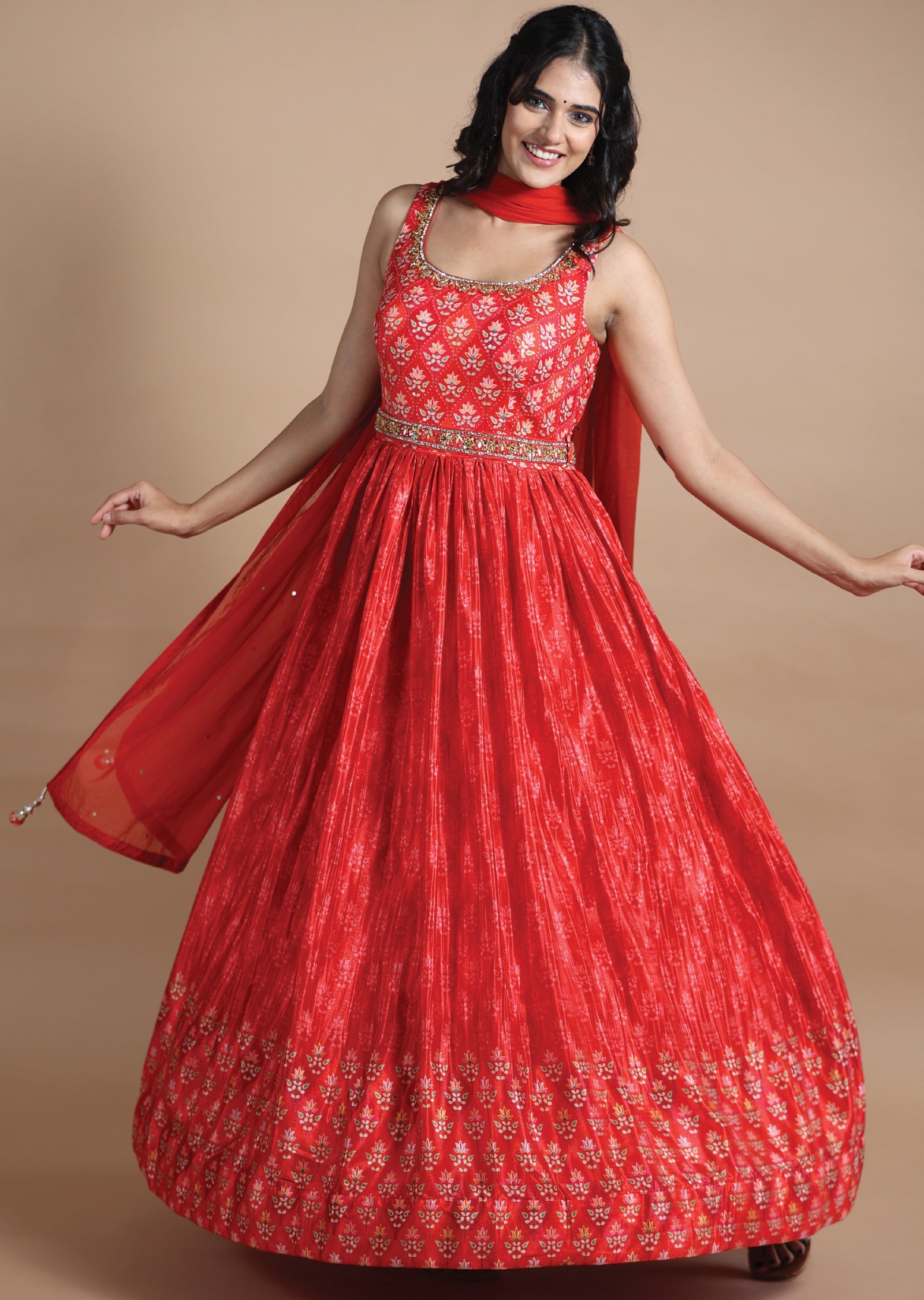 Red Chinnon Anarkali