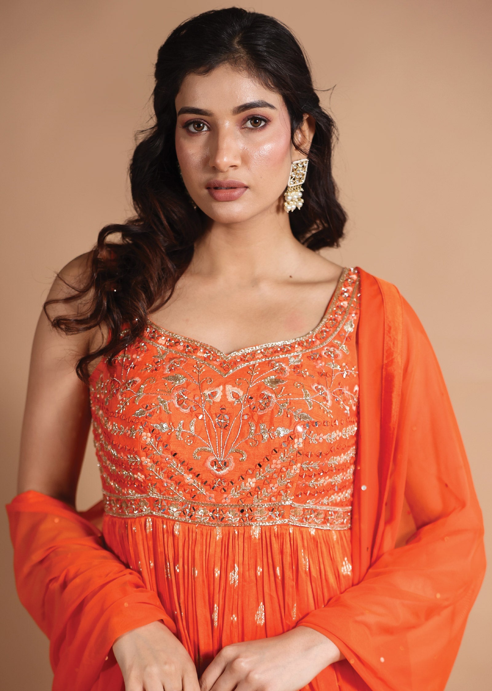 Orange Banaras Silk Anarkali