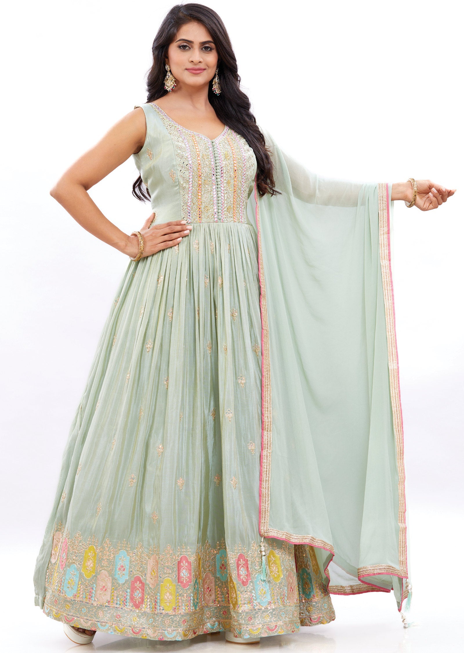 Dusty Green Tissue Anarkali Dress