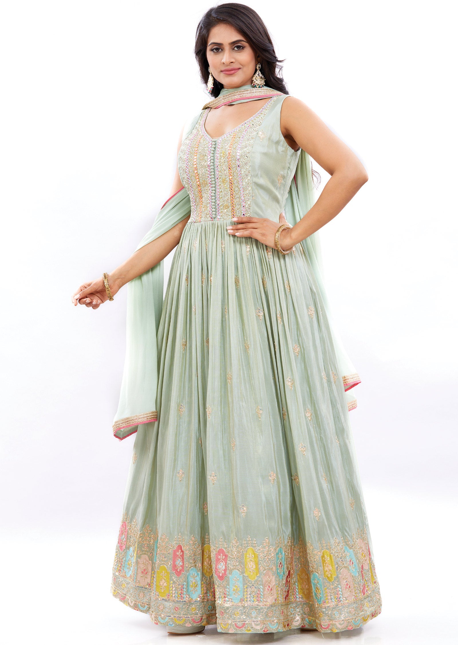 Dusty Green Tissue Anarkali Dress