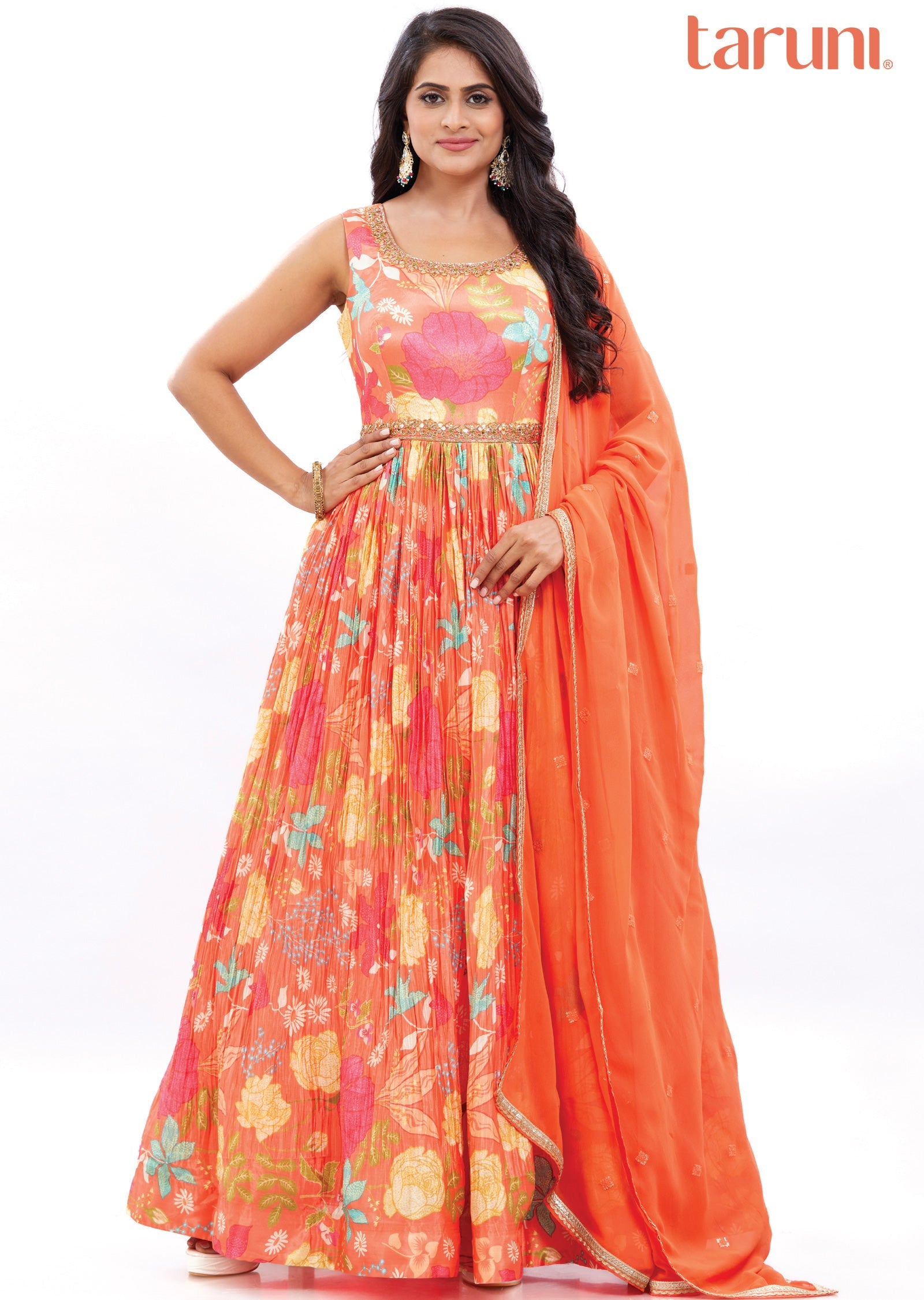 Orange Chinnon Anarkali Suit Set