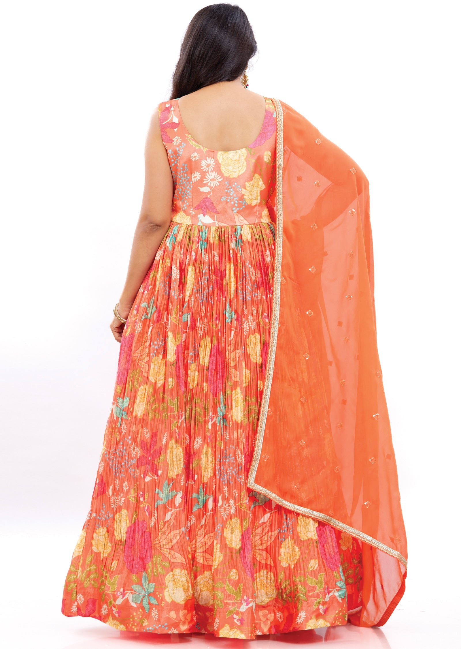 Orange Chinnon Anarkali Suit Set