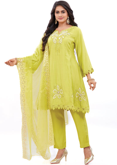 Lime Green Soft Silk Short Anarkali Suit Set