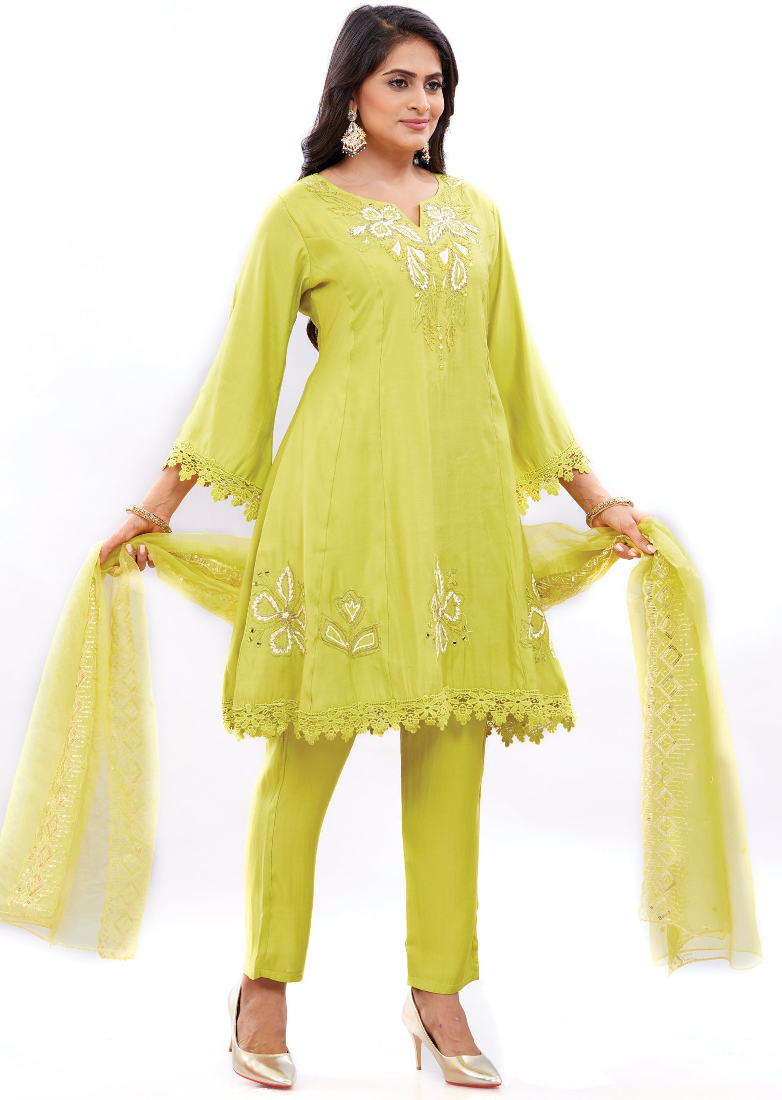 Lime Green Soft Silk Short Anarkali Suit Set