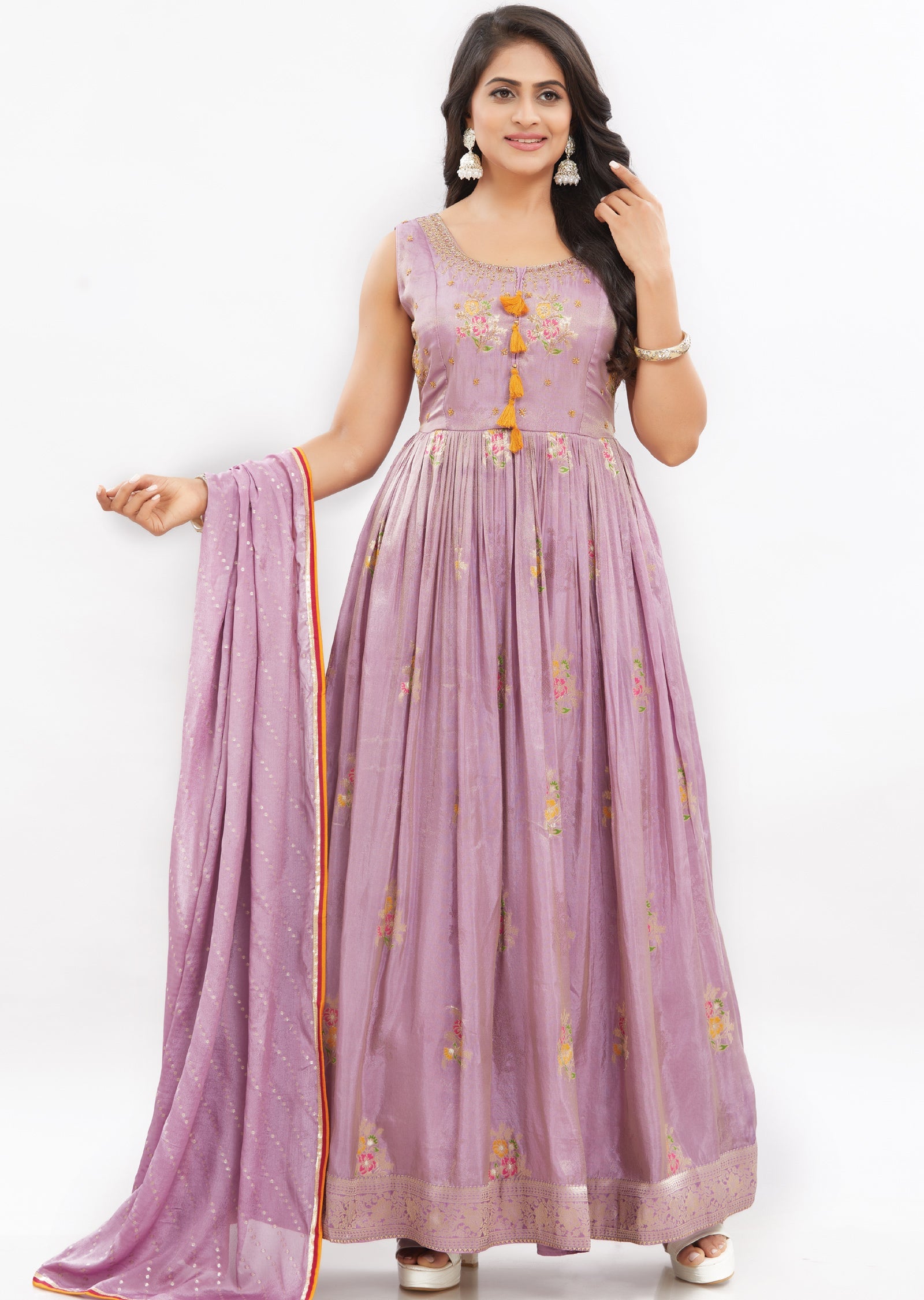 Lavender Banaras Tissue Silk Anarkali Dress