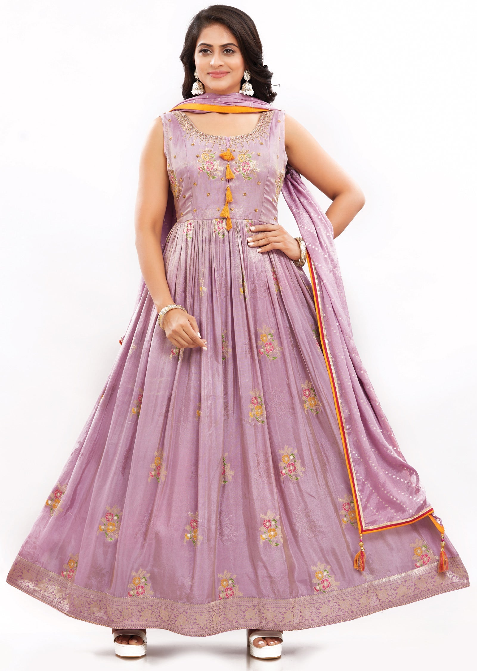 Lavender Banaras Tissue Silk Anarkali Dress