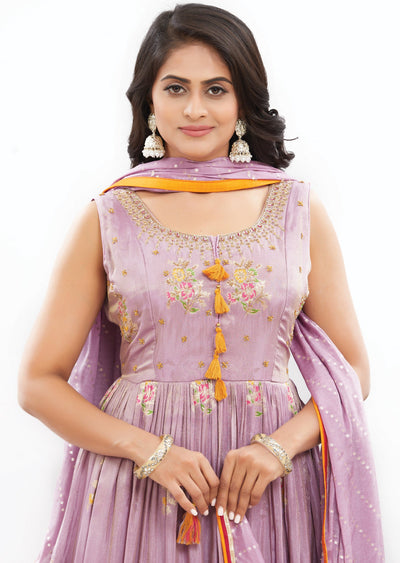 Lavender Banaras Tissue Silk Anarkali Dress