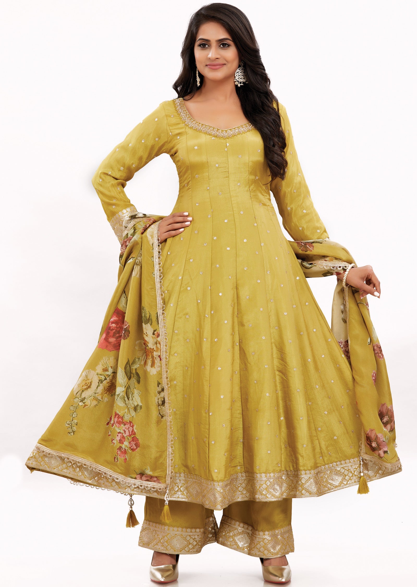 Mustard Tissue Silk Anarkali Suit Set