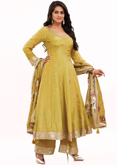 Mustard Tissue Silk Anarkali Suit Set