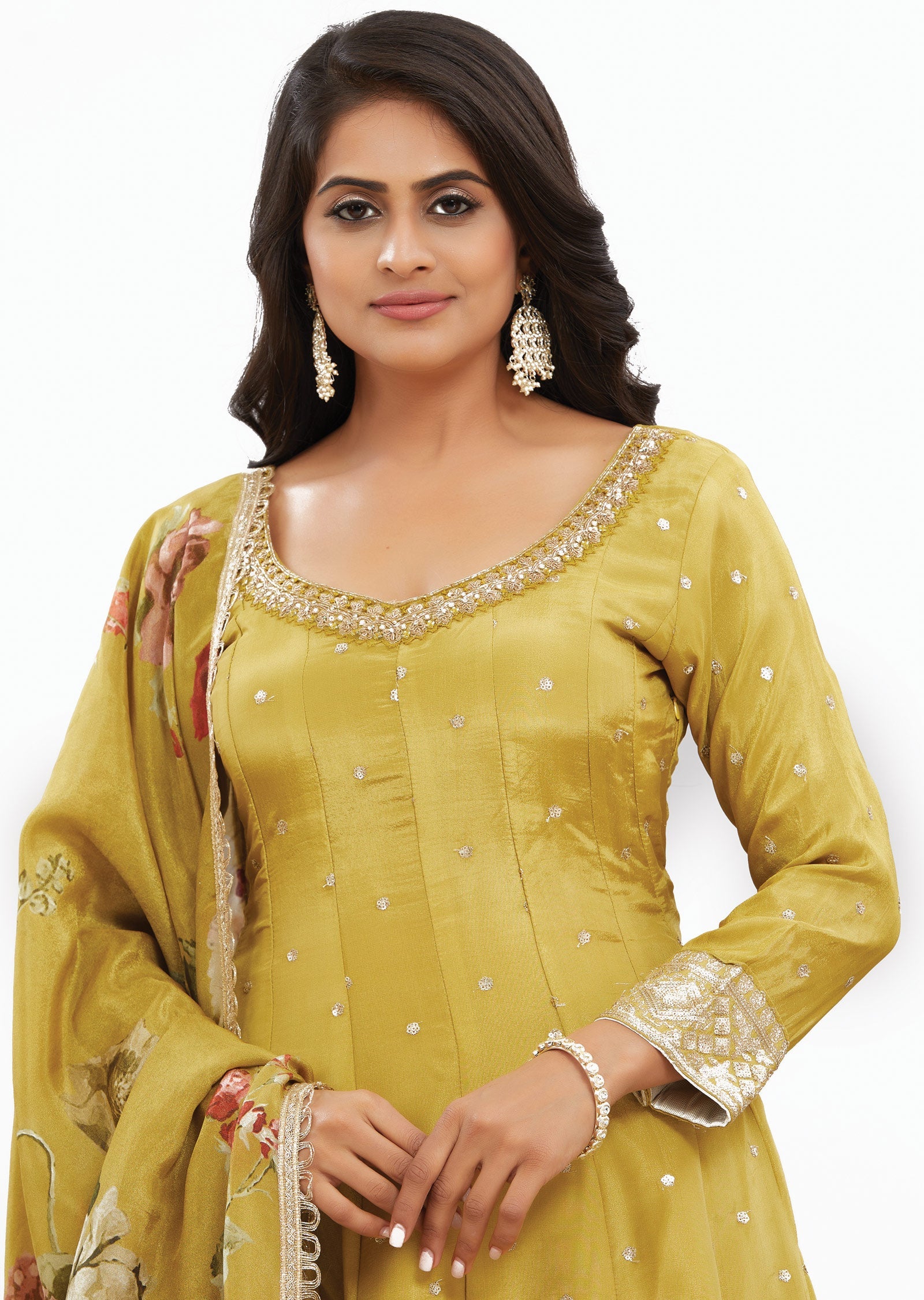 Mustard Tissue Silk Anarkali Suit Set