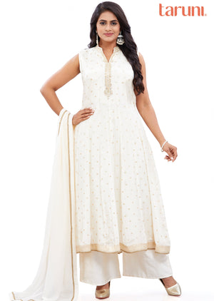 Cream Banaras Chinnon Anarkali Suit