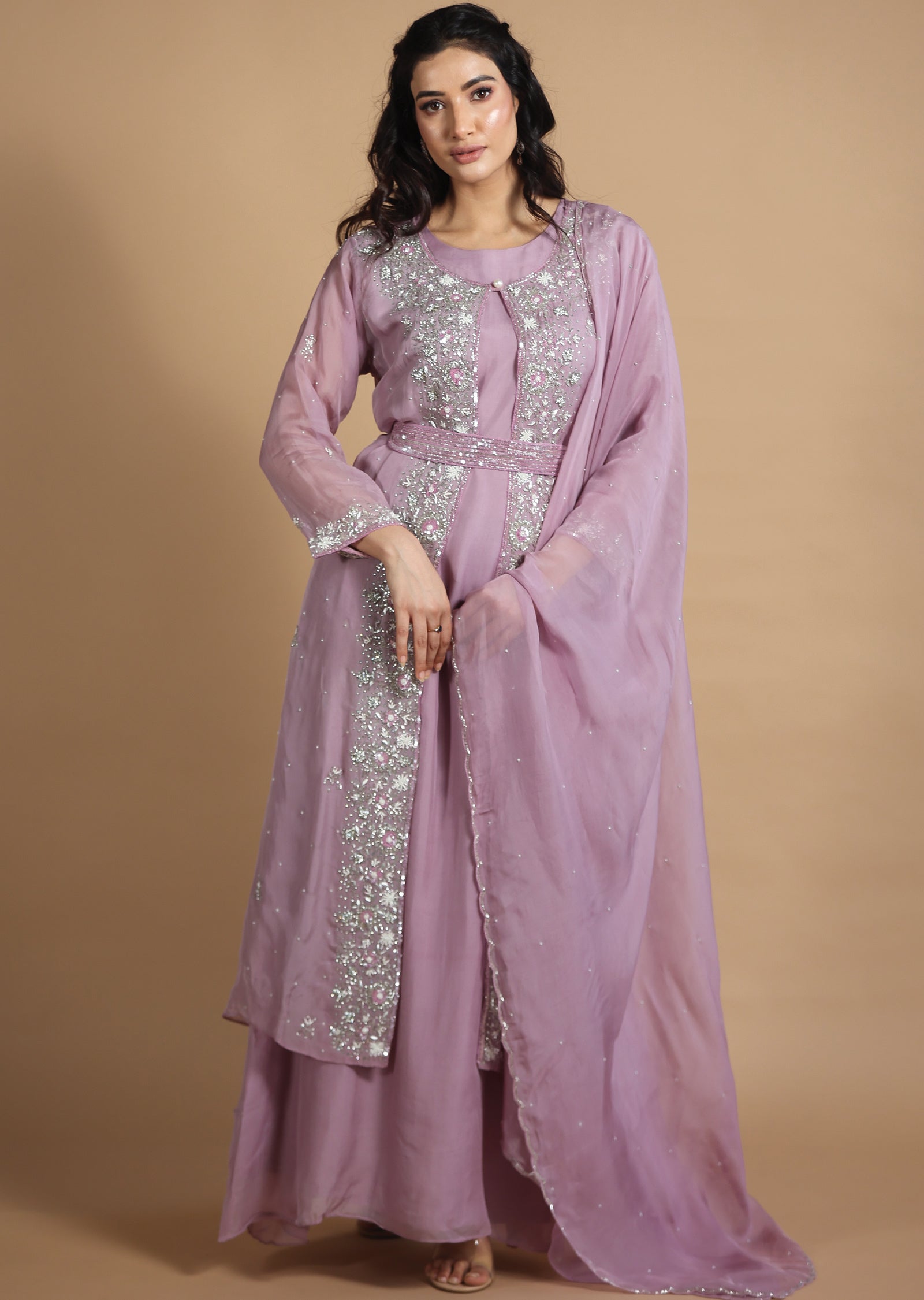 Lavender Organza Anarkali Dress with Long Jacket