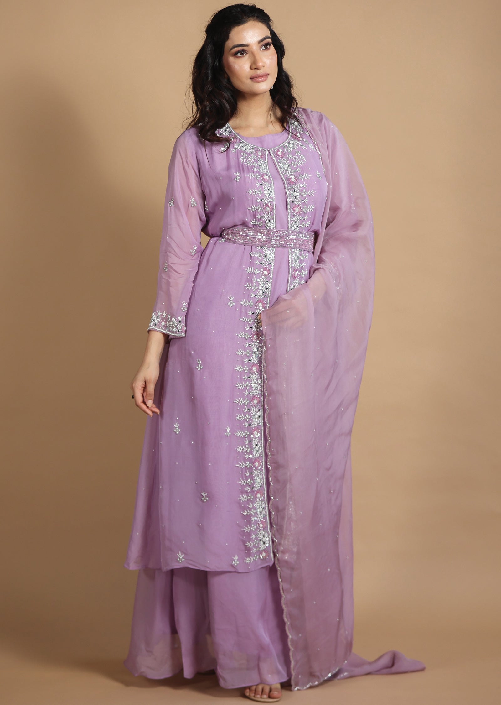 Light Lavender Organza Anarkali Dress with Long Jacket