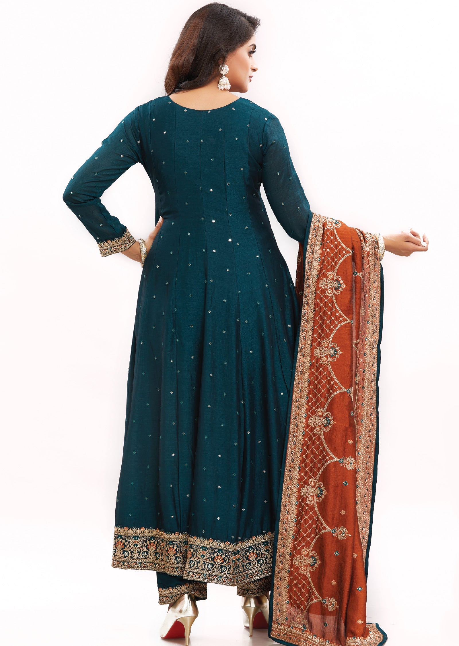 Bottle Green Silk Anarkali Suit with Contrast Dupatta