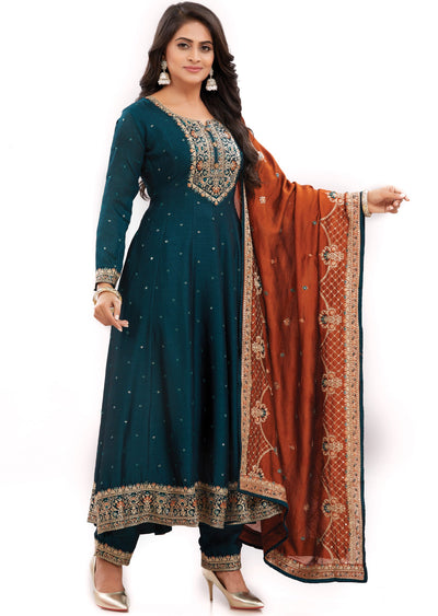 Bottle Green Silk Anarkali Suit with Contrast Dupatta