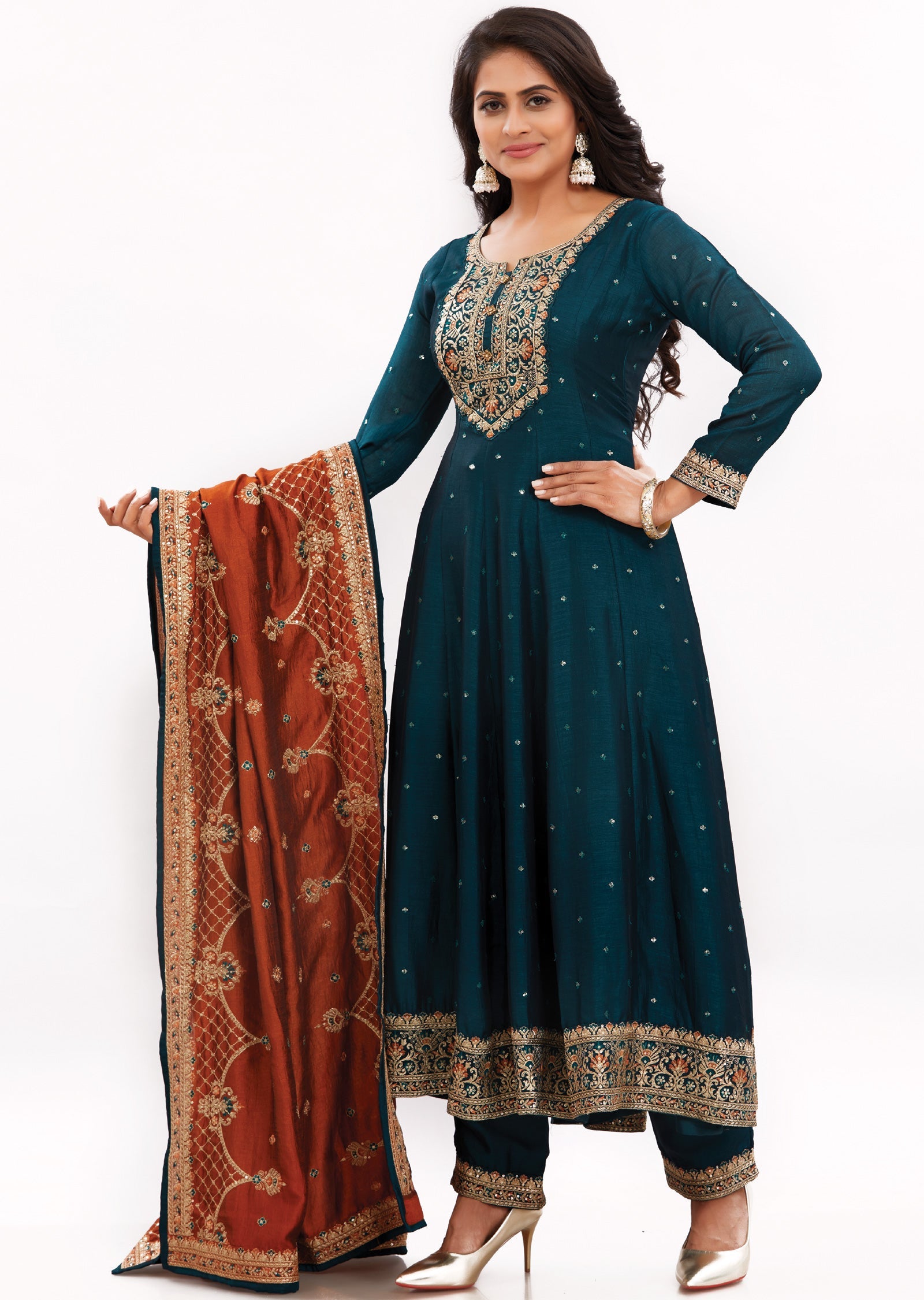 Bottle Green Silk Anarkali Suit with Contrast Dupatta