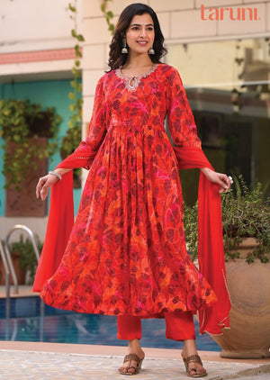 Red Chinnon Anarkali Suit Set