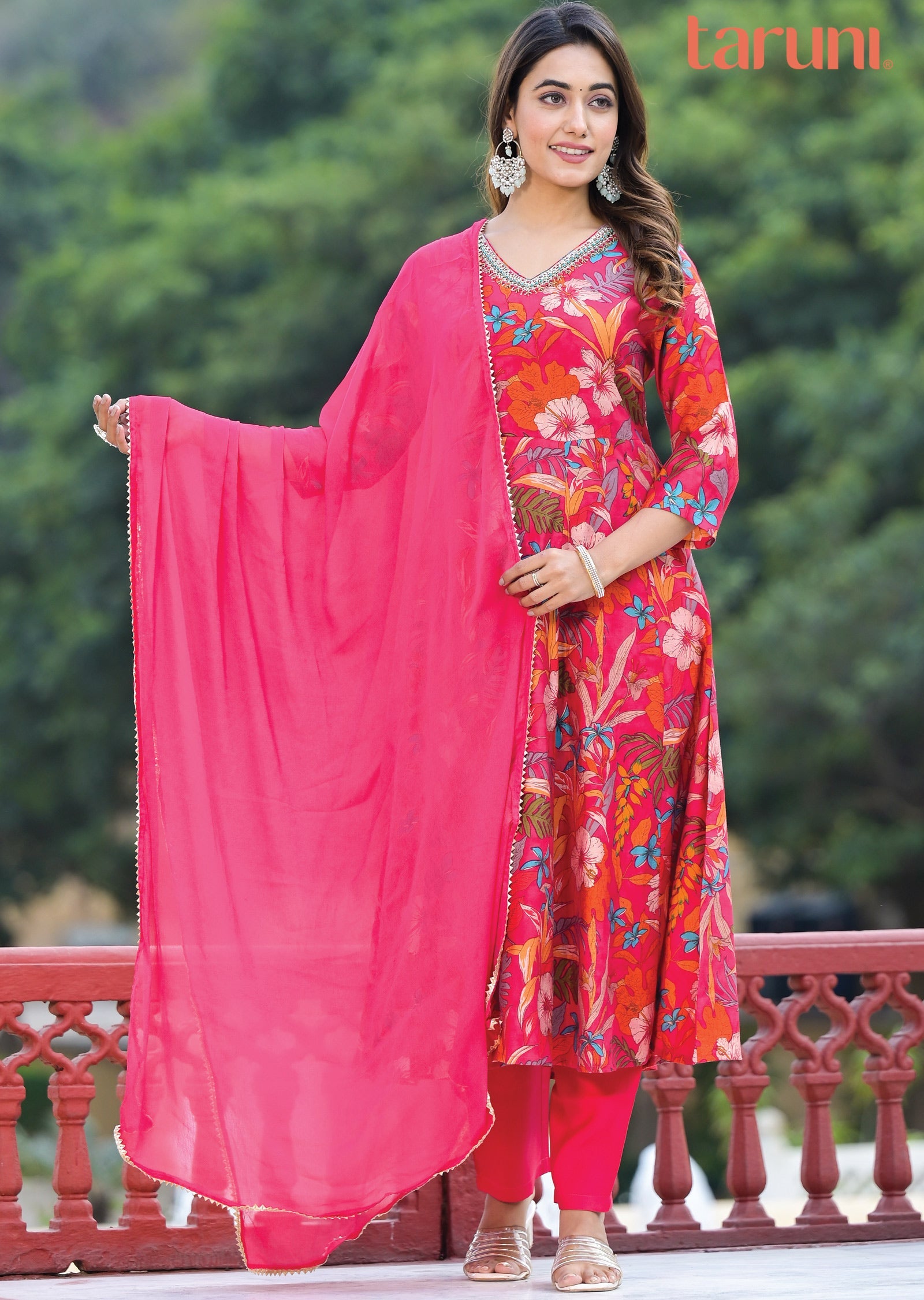 Rani Pink Muslin Floral Anarkali Suit Set