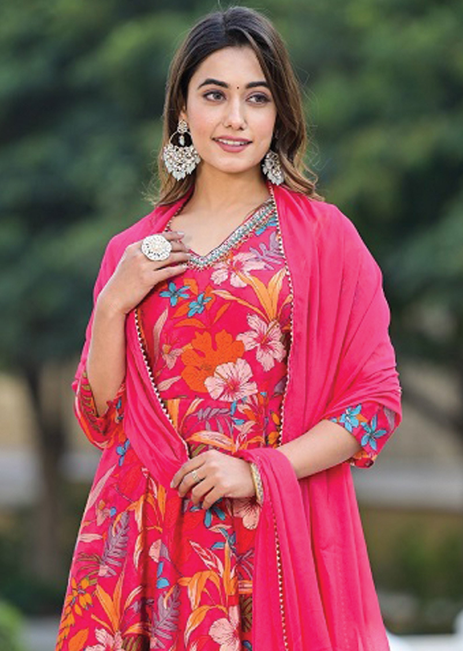 Rani Pink Muslin Floral Anarkali Suit Set