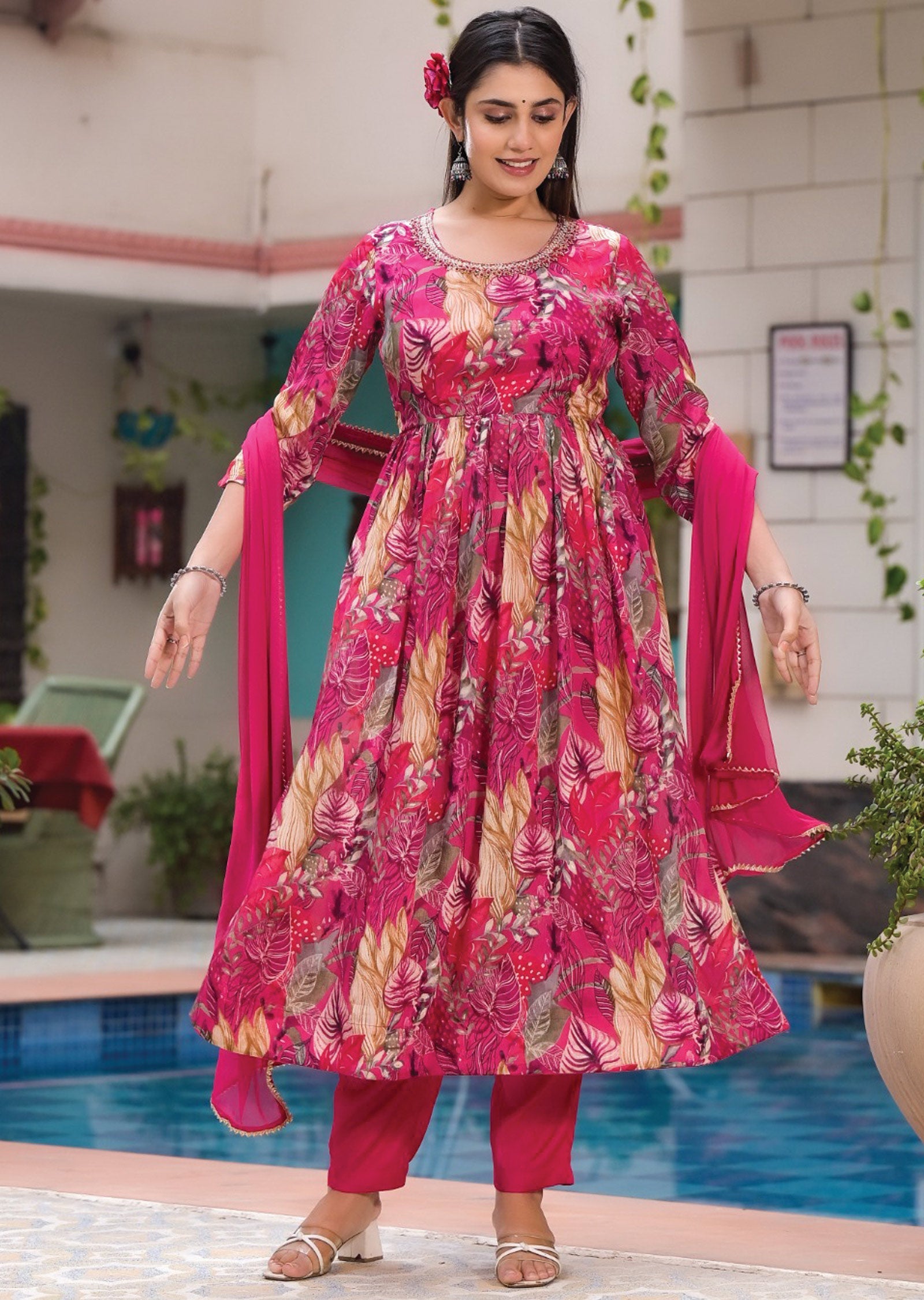 Rani Pink Chinnon Anarkali Suit Set