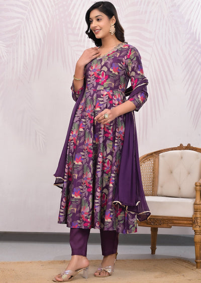 Dusty Wine Muslin Anarkali Suit Set