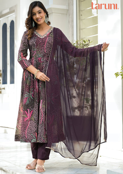 Wine Floral Chinnon Anarkali Suit Set