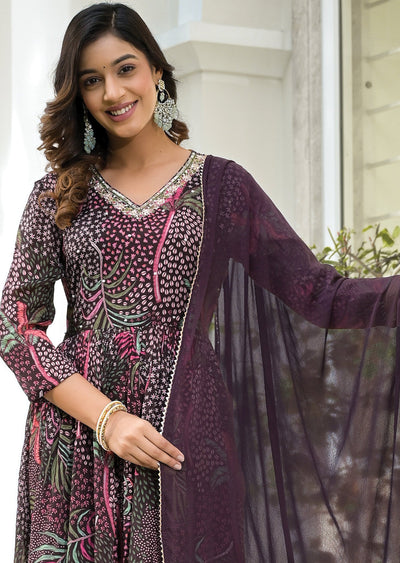 Wine Floral Chinnon Anarkali Suit Set