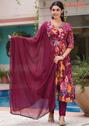 Magenta and Blue Floral Chinnon Anarkali Suit Set