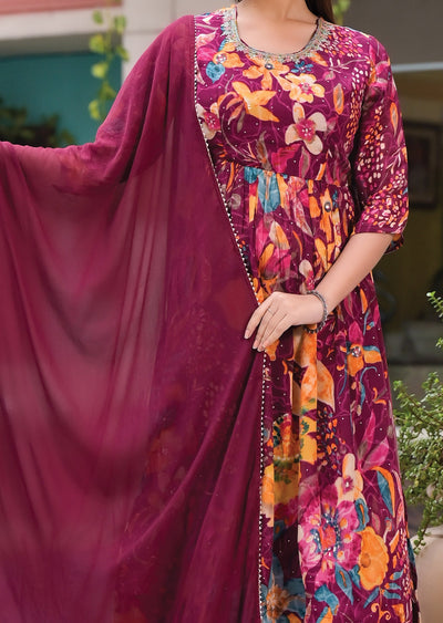 Magenta and Blue Floral Chinnon Anarkali Suit Set