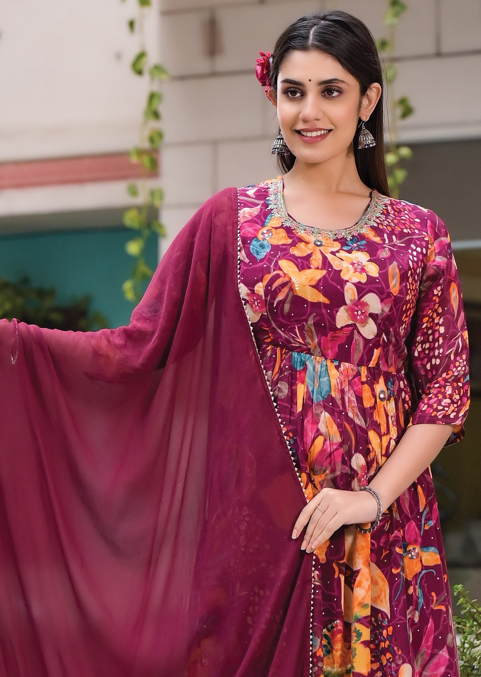 Magenta and Blue Floral Chinnon Anarkali Suit Set