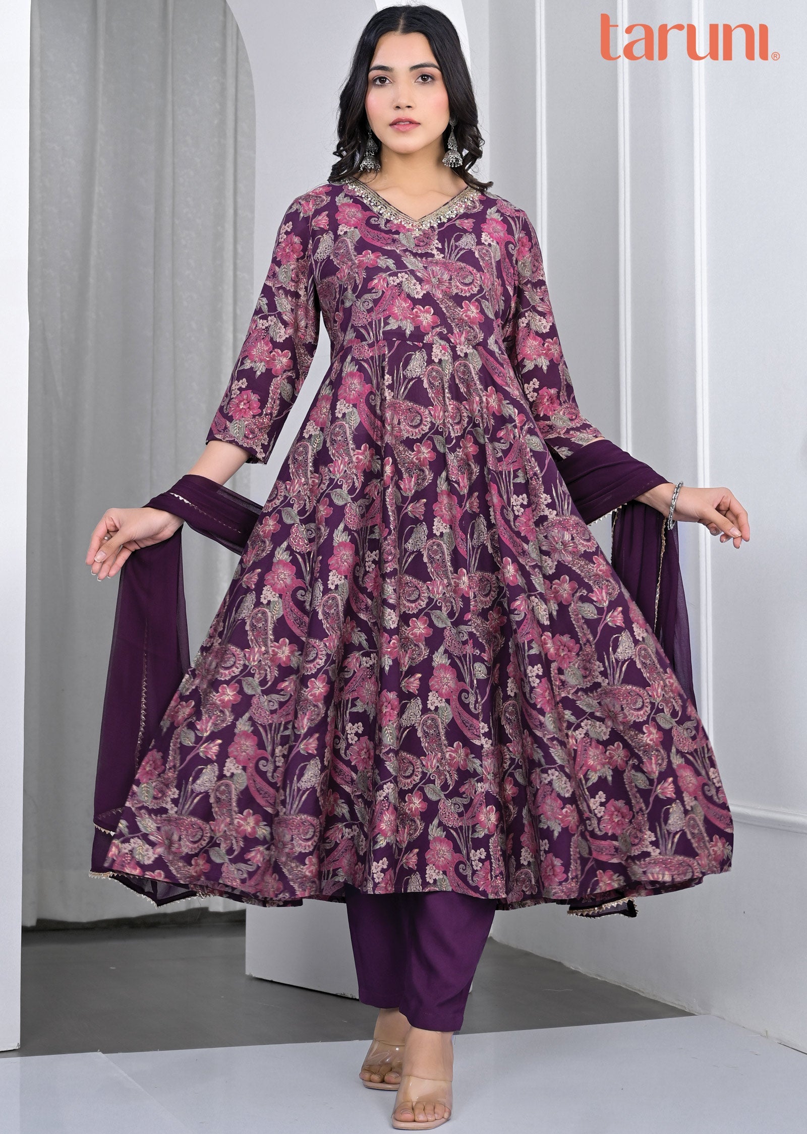 Purple Printed Muslin Anarkali Suit Set