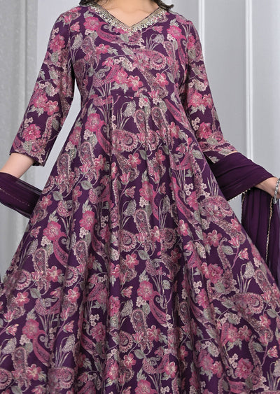 Purple Printed Muslin Anarkali Suit Set