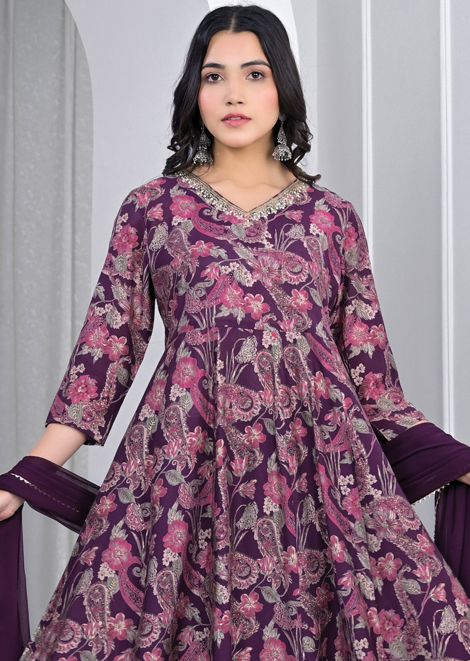 Purple Printed Muslin Anarkali Suit Set