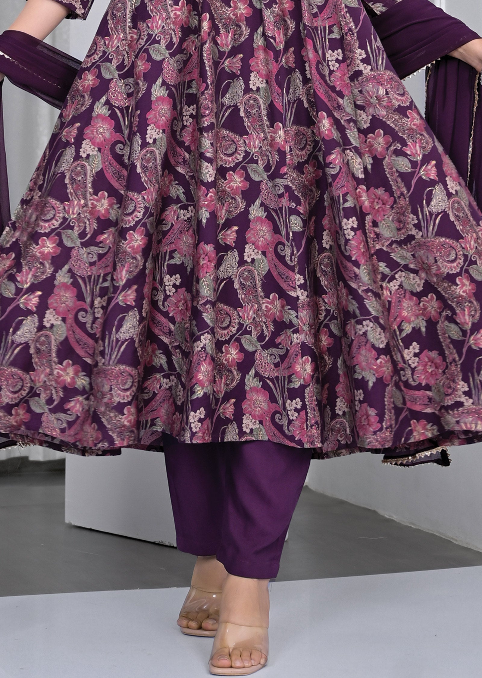 Purple Printed Muslin Anarkali Suit Set