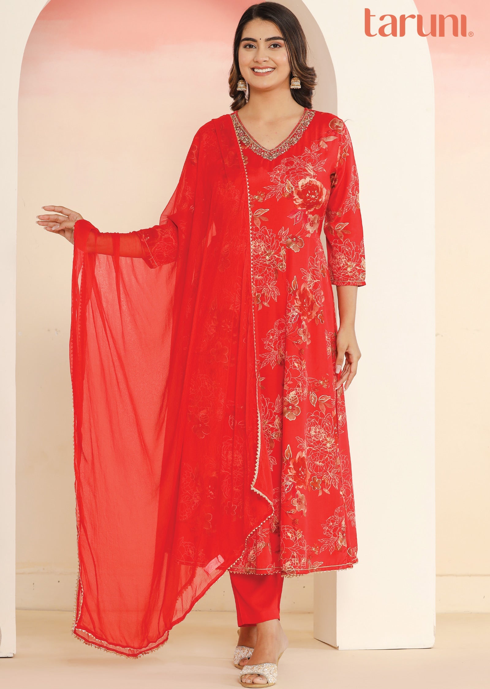 Red Muslin Anarkali Suit Set