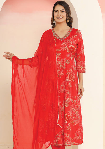 Red Muslin Anarkali Suit Set