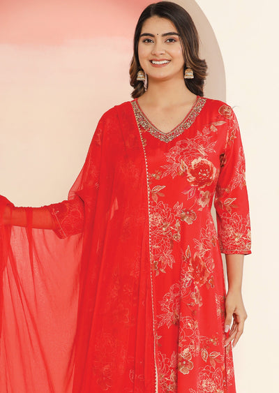 Red Muslin Anarkali Suit Set