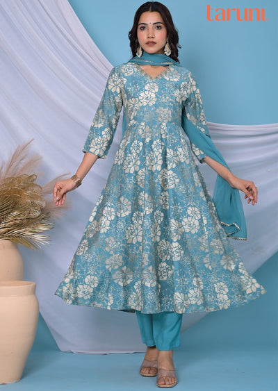 Dusty Blue Muslin Anarkali Suit Set