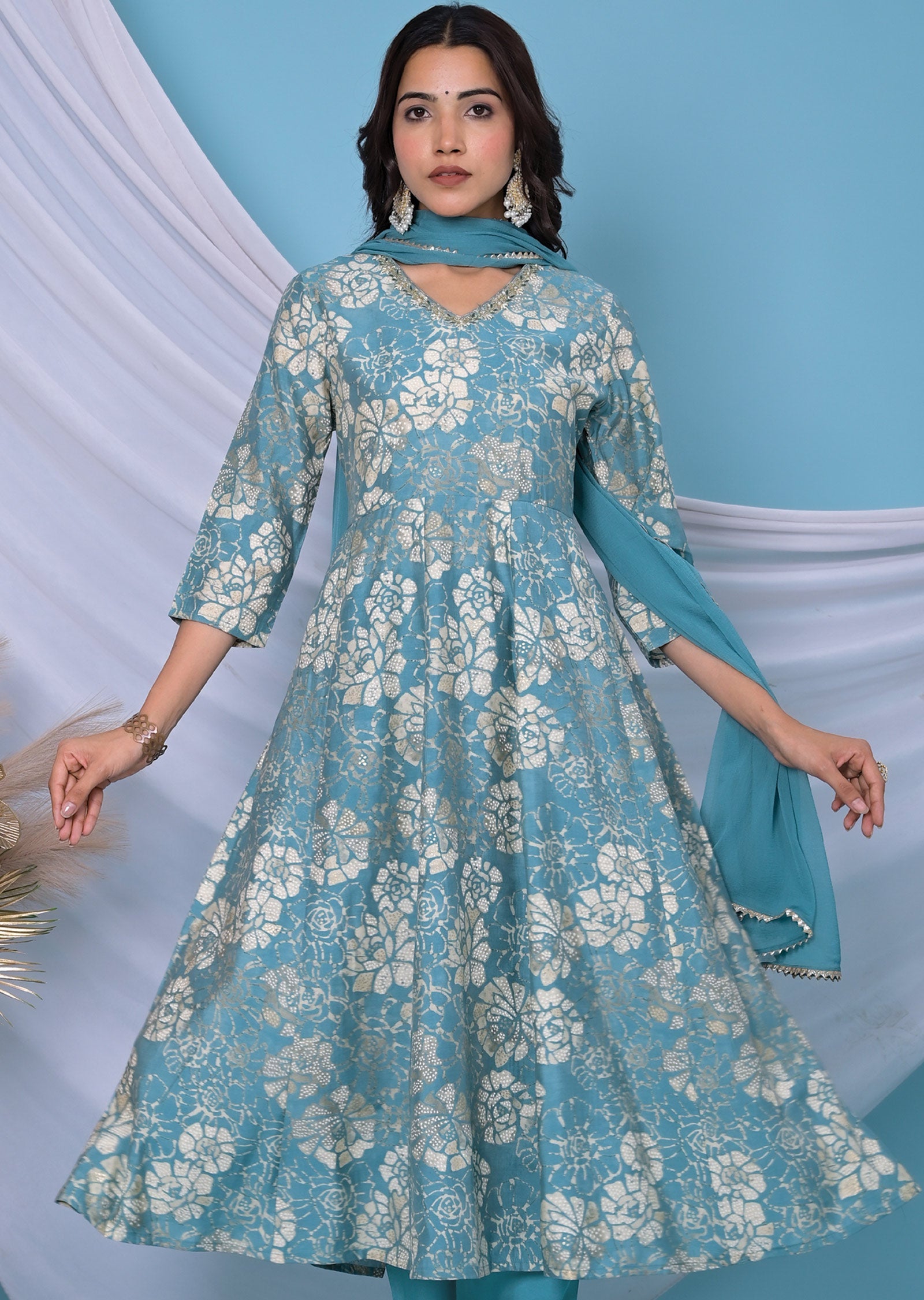 Dusty Blue Muslin Anarkali Suit Set